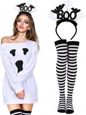 🎃Women's Boo Halloween Ghost Knee High Sock Headband Off Shoulder Costume Dress